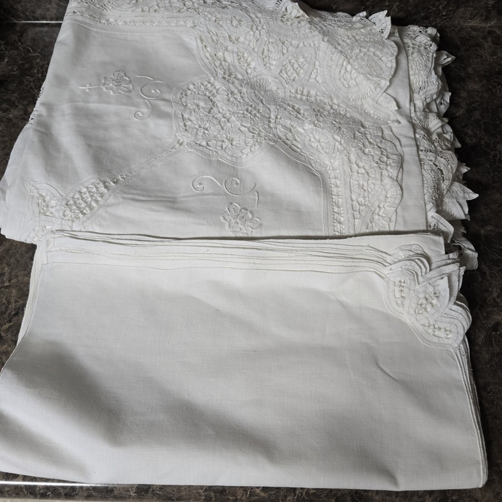 Vtg White Linen Blend Tablecloth Set 72x144 Hand Embroidery Cutwork Lace‎